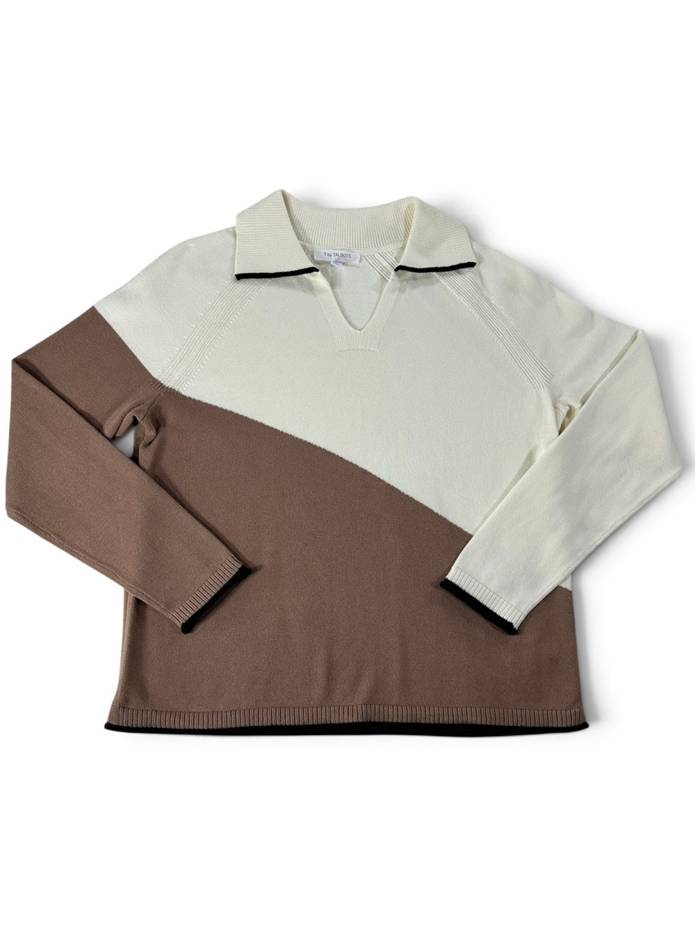 Talbots Women’s MP Cream and Brown Diagonal V‑Neck Polo Sweater